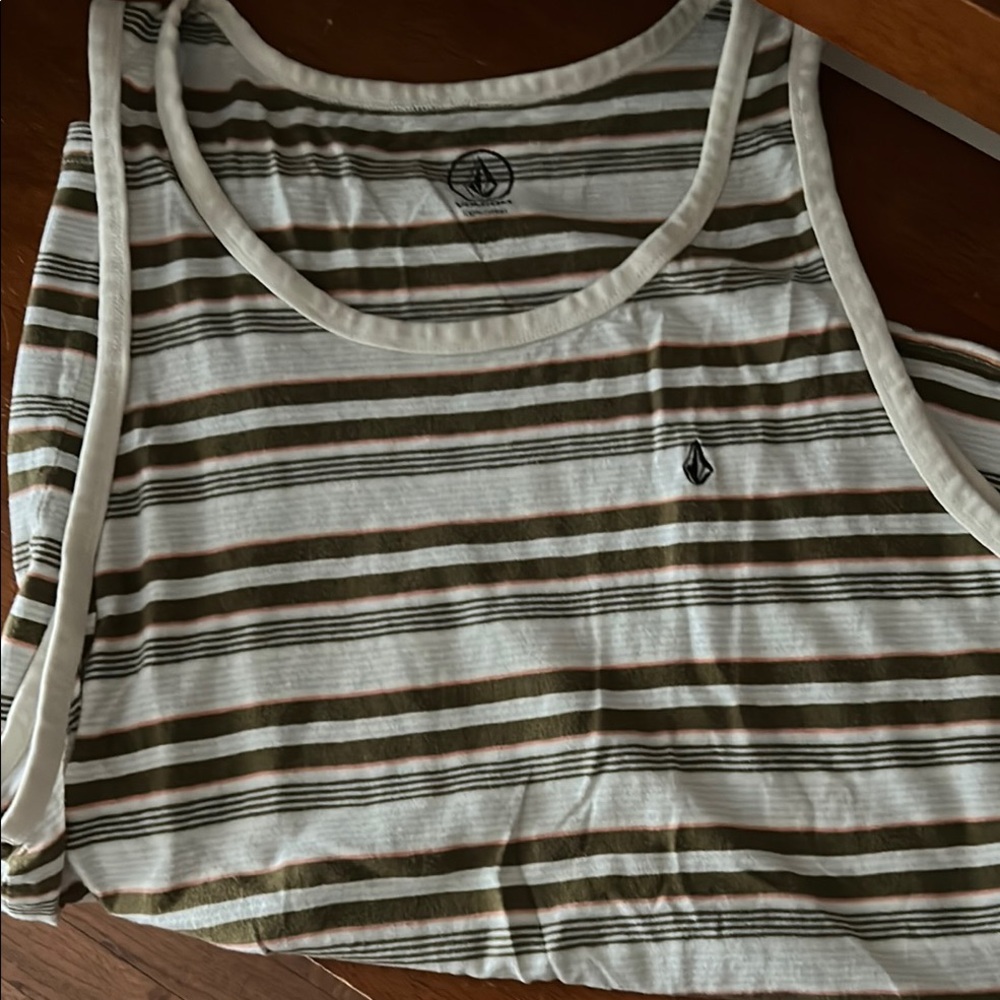 Volcom Striped Tank Top in White and Olive